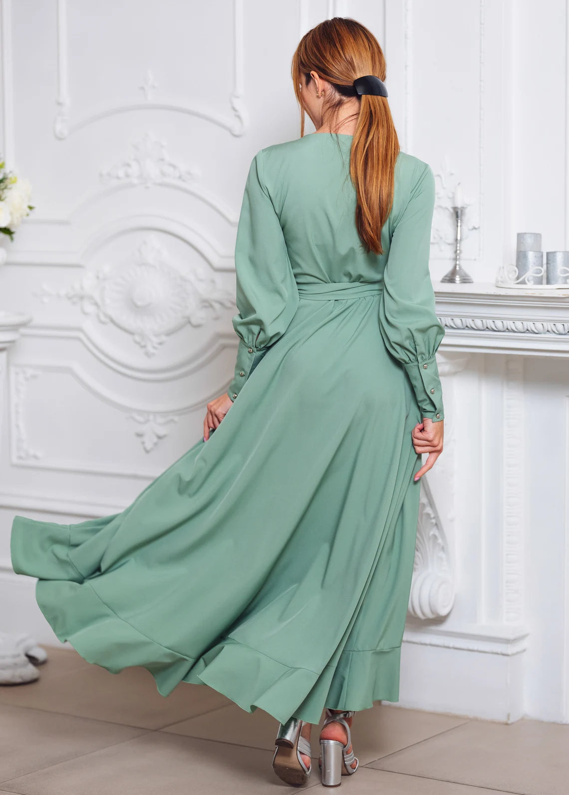 Abito da ballo Jimiss con scollo a V, maniche lunghe, volant in chiffon